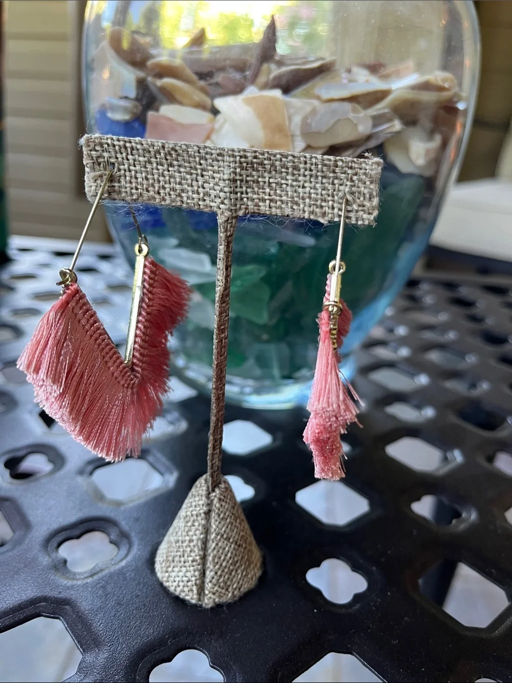 Pink Tassel Fringe Drop Earrings, pierced